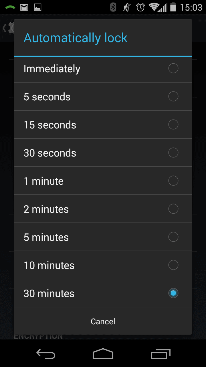 Even if unlocking your phone every use is intolerable, you may find unlocking it after 30 minutes agreeable.