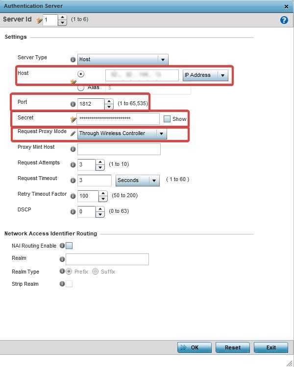 Populating the settings of the RADIUS server