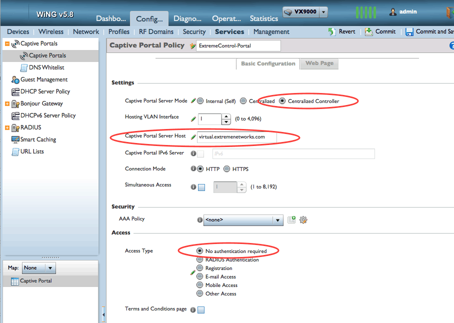 Configure the settings of the captive portal and save