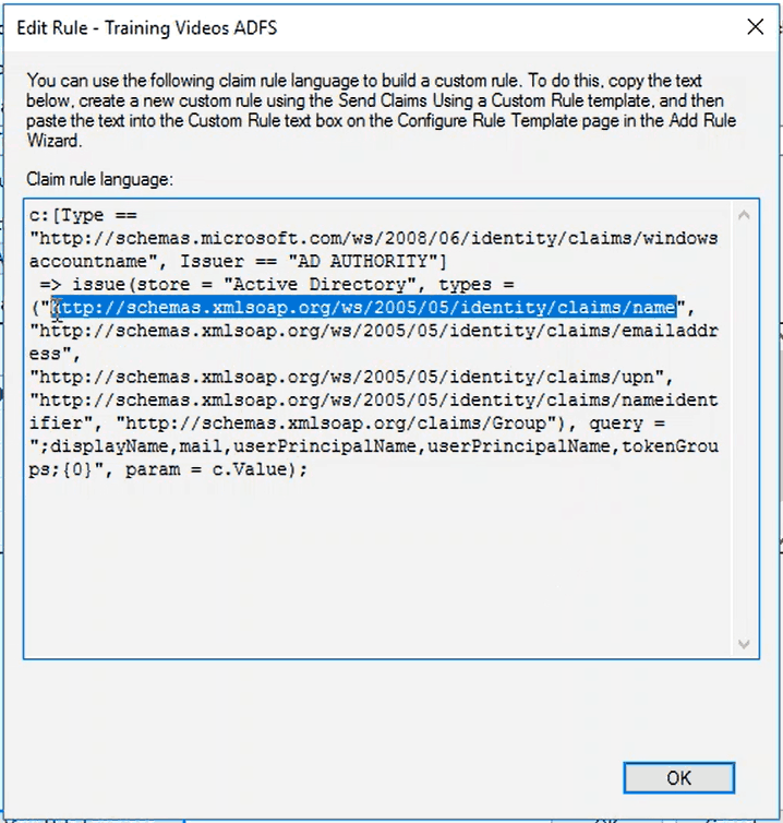 copy the Rule text from ADFS
