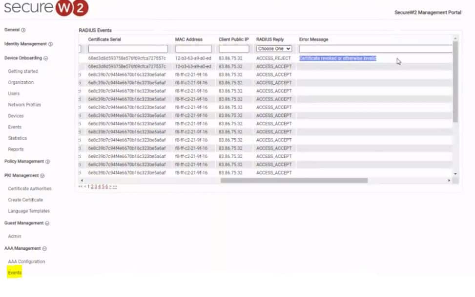 revoked certificate radius event logs