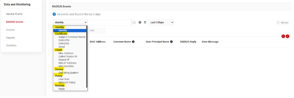 Cloud RADIUS Event Log Search filters