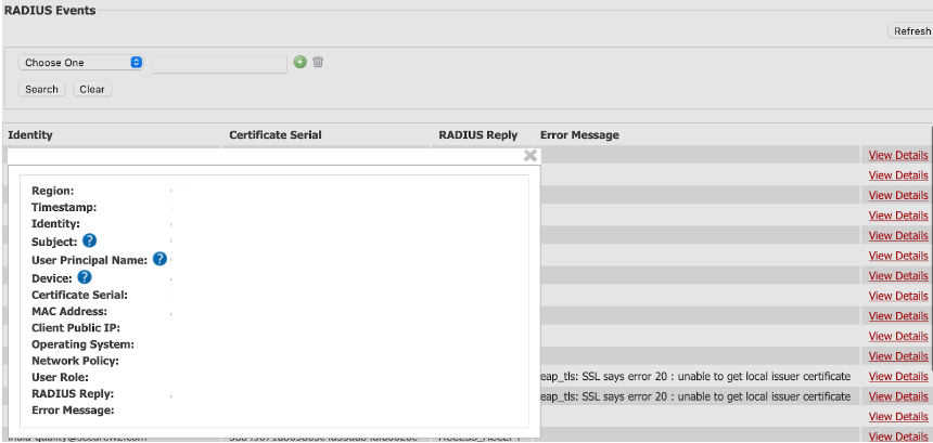 Screenshot of Cloud RADIUS Event log entry with sample error codes