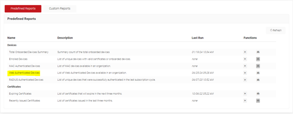 Web Authenticated Devices Report in Management Portal